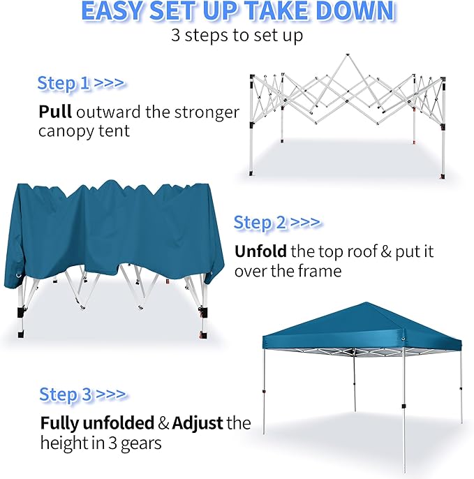Pop Up Canopy 8X8 FTPortable Sun Instant Shelter w/Backpack BagWaterproofAdjustable Straight Leg Heights CanopiesOutdoor Tents for PartiesCampingCommercial EventLake Blue