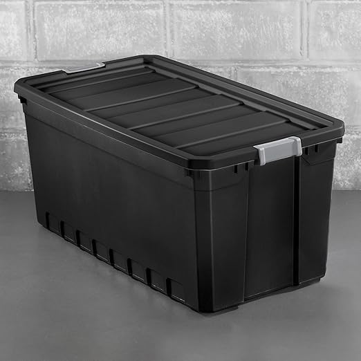 Sterilite 50-Gallon Large Stackable Rugged Industrial Storage Tote Container with Gray Latching Clip Lid for Garage Attic Worksite or Camping