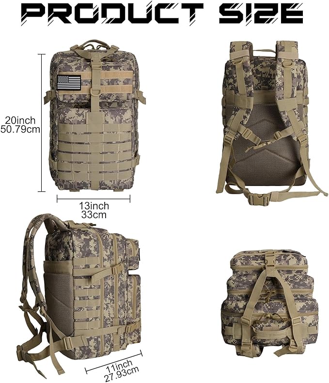 WOLT Military Tactical Backpack for Men 45L Molle Backpack 3 Day Assault Pack Bug Out Bag Heavy Duty Rucksack for Hiking Gym Camouflage Khaki