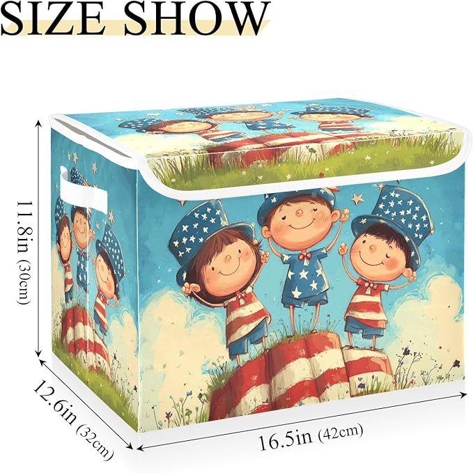 Collapsible Storage Bins with Lids Decorative Fabric Storage Cubes Closet Organizer and Storage Basket Boxes Containers for Clothes Box Chest Nursery Folding Rectangle July 4th Midgets Flag B