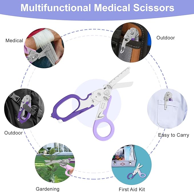 6-in-1 Heavy-Duty Emergencytrauma shears Folding Retractable Emergency Shears Outdoor Camping Tools Seat Belt Cutter Oxygen Cylinder Wrench Complimentary Adjustable Wrench (Purple)