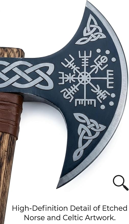 FORGE HIDE - Double Headed Viking Axe 27 High Carbon Steel Norse Dane Axe with Ash Wood Straight Shaft Scandinavian Nordic Axe Leather Scabbard Gift for Men