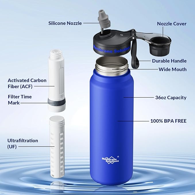 Membrane Solutions C3 Filtered Water Bottle 32oz Stainless Steel Water Bottle with Replaceable UF+ACF Filter Cartridge Portable Water Filter Travel Hiking &amp Camping for Drinking Water