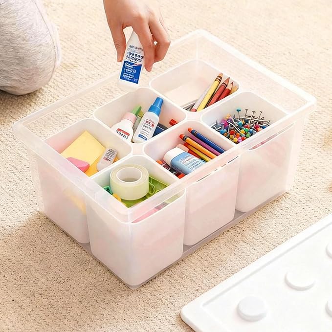 loobuu Plastic Storage Bins with Lids Art Craft Supply Organizer Box with Brush Pot Multipurpose Stackable Storage Containers for Organizing Tool Craft CrayonSewing(White)