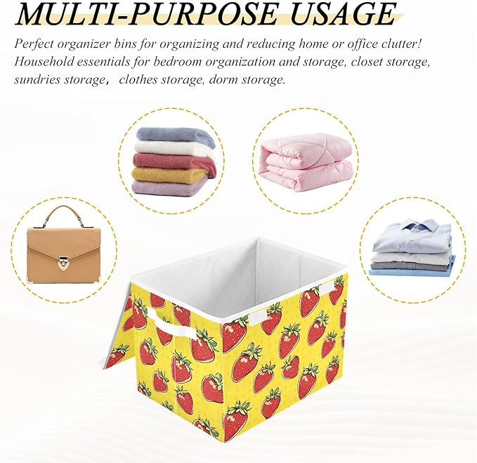 Cartoon Strawberry Storage Cube Bins Basket with Lid Collapsible Flip-top Fabric with Handle for Home Bedroom Closet Office 16.5×12.6×11.8 in
