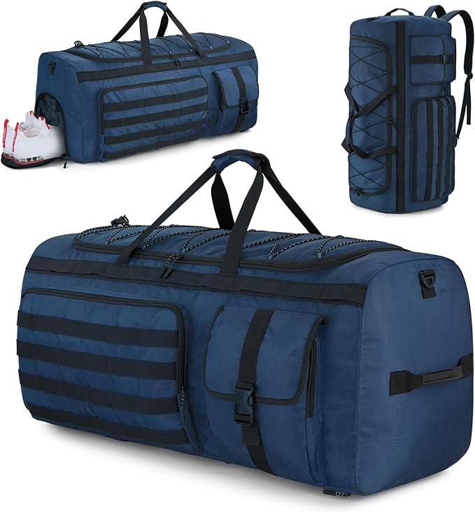 Gonex 90L Extra Large Duffel Bag for Men Heavy Duty 3 in 1 Convertible Carry Travel Duffle with Shoe Compartment Tactical Loops Sports Gear Bag for Family Trips (Dark Blue)