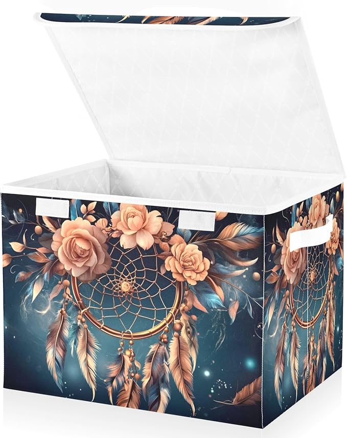 Dreamcatcher Feather Space Collapsible Storage Bins with Lids &amp Handles Foldable Storage Boxes Basket with Flip-Top Lid for Home Office 16.5” x 12.6” x 11.8”