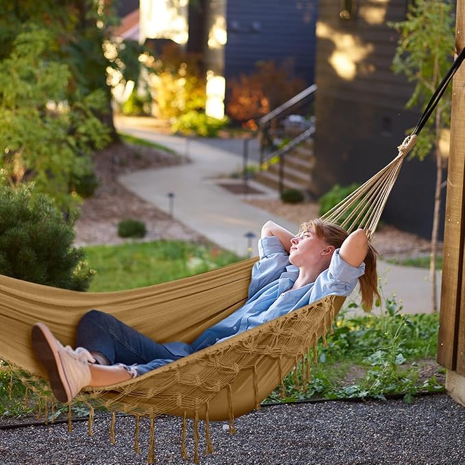 MOSFiATA Backyard Hammock with Tassels Max 500lbs Canvas Fabric Bohemian Style with Thickened Rope and Carry Bag for Outdoor Garden Patio Wedding Decor (Khaki)