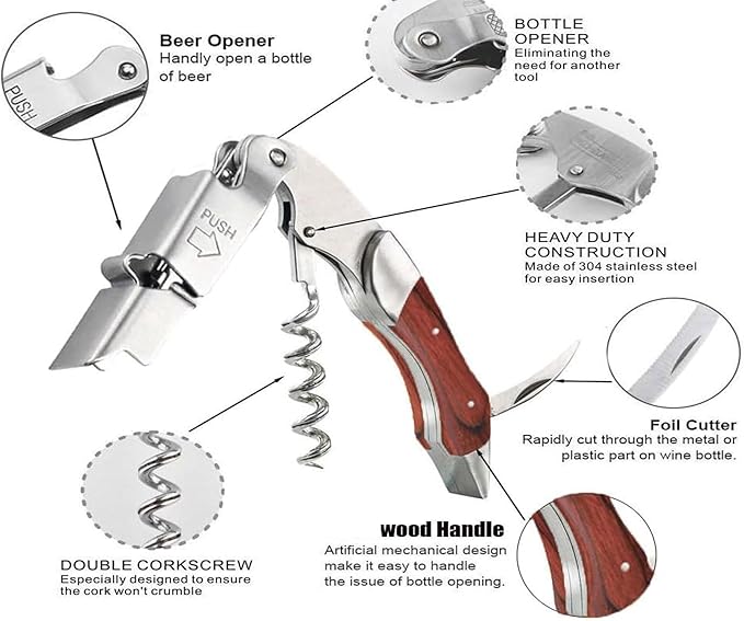 Professional Waiter Corkscrew Wine Key for Bartenders Set of 3With Long Rosewood Handle Stainless Steel Handle Wine Opener for Bar Restaurant Waiters Sommelier Bartend (Rose Wood 3 Packs)
