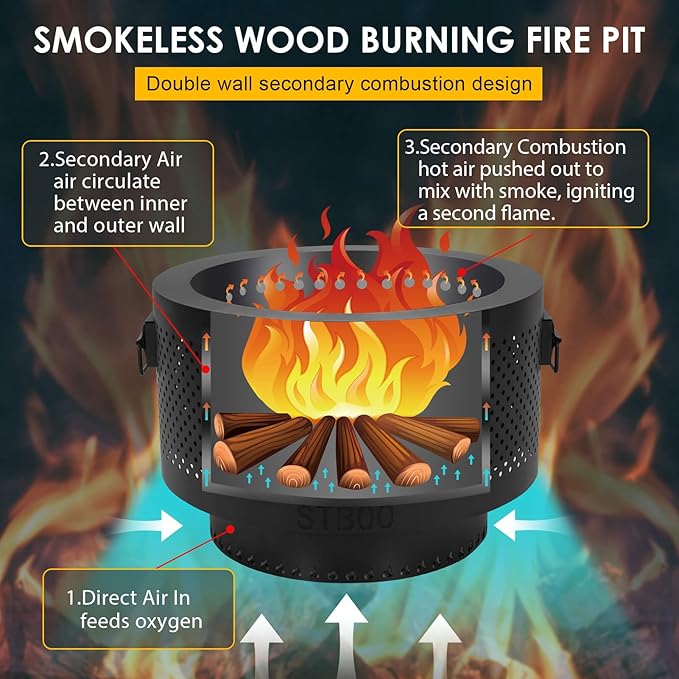STBoo Smokeless Fire Pits for Outside with Portable Carrying Storage Bag 20x14 Inch Firepits Outdoor Wood Burning Low Smoke Outdoor Fireplace for Bonfire Picnic Backyard Cooking on Beach Black L