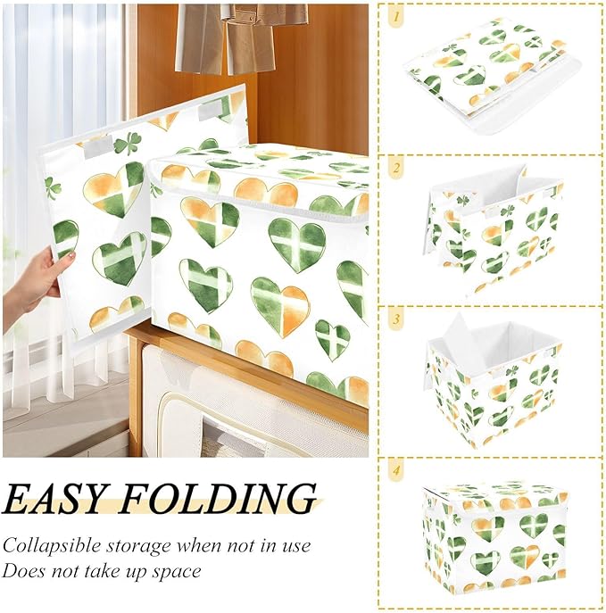 St. Patrick's Heart Fabric Storage Bins with Lids and HandleFoldable Storage Bins with LidsCloset Organizers for Clothes Storage Room Organization Office Storage Chest Organizer