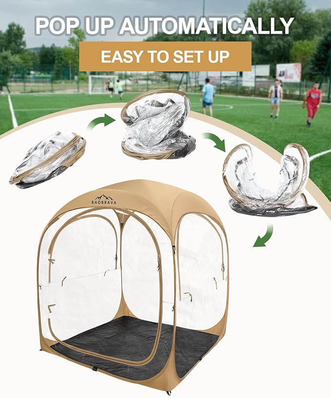 Baobrava Pop Up Sports Tent - Thick PVC Scratch-Resistant Bubble Clear Tent Instant Weather Proof Pod with Extra Top Cover for Soccer Football Games Outdoor Events 1-2 Person