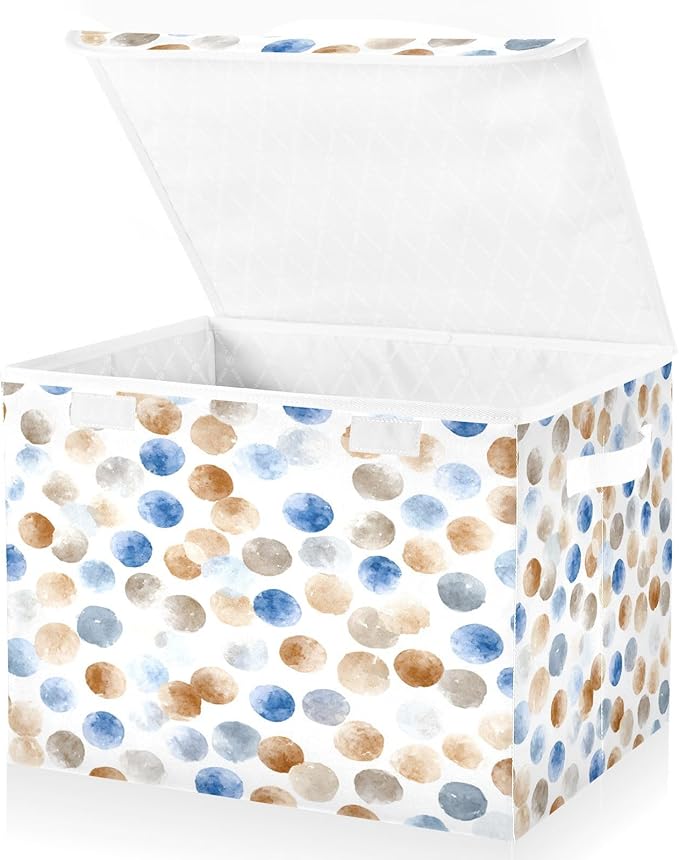 Storage Bins With Lid Stackable Fabric Closet Organizer Clothing Storage Large Boxes For Closet Shelves Bedroom White Brown Blue Polka Dot