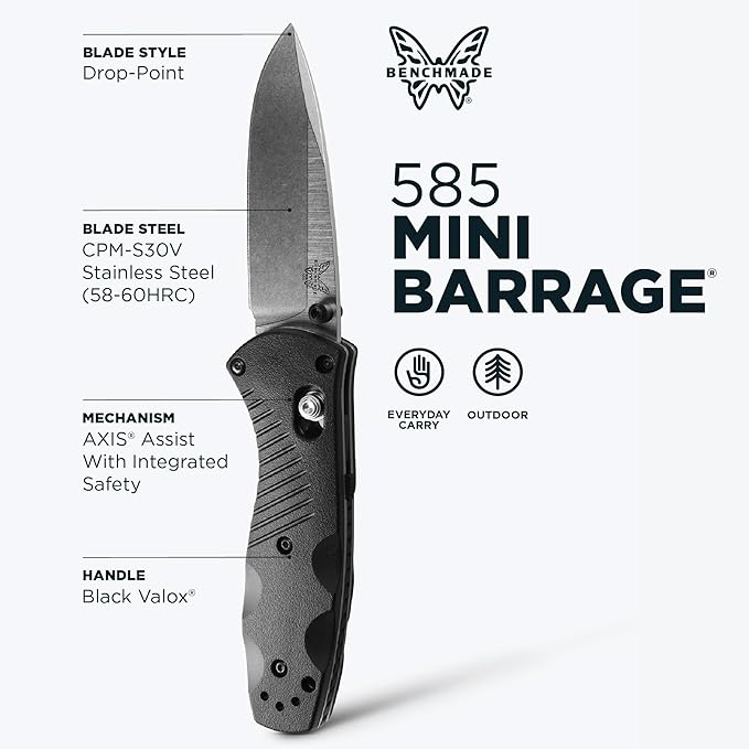Benchmade - Mini Barrage 585 EDC Knife Drop-point Blade with Black Valox Handle (585)