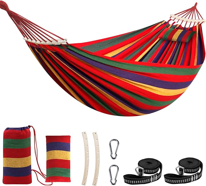 Chihee Cotton Hammock Holds Up to 660lbs Fabric Hammock 8.9x4.9ft Soft Portable Tree Hammocks Camping with Detachable Spreader Bar Pillow 2 Strong Webbings 2 Carabiners Indoor Outdoor Backyard Garden