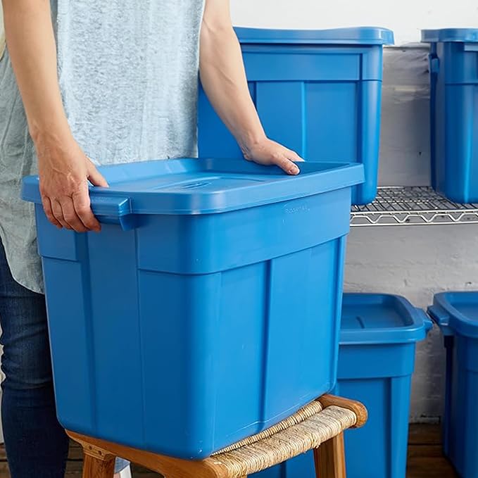 Rubbermaid Roughneck Tote 18 Gal 6 Pack Made in USA Heritage Blue Rugged Plastic Stackable Storage Bins with Lids and Handles