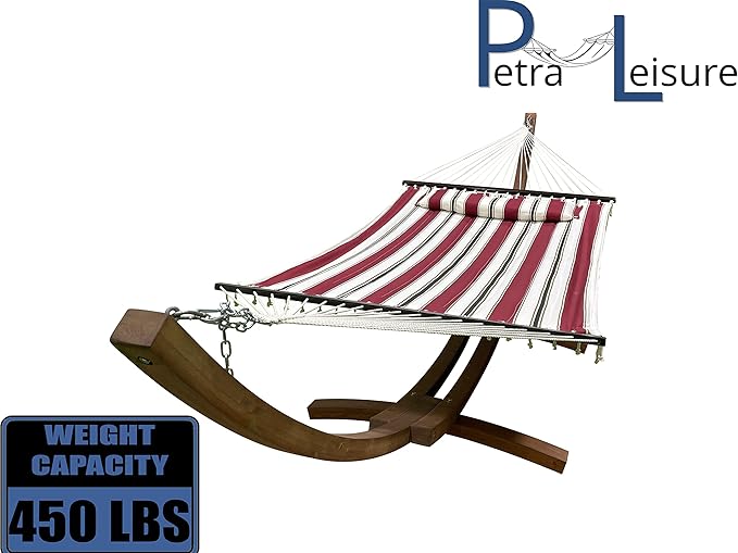 14 Ft. Wooden Arc Hammock Stand + Deluxe Quilted Double Padded Hammock Bed w/Pillow. 2 Person Bed. 450 LB Capacity(Teak Stain/Elegant Red Stripe)