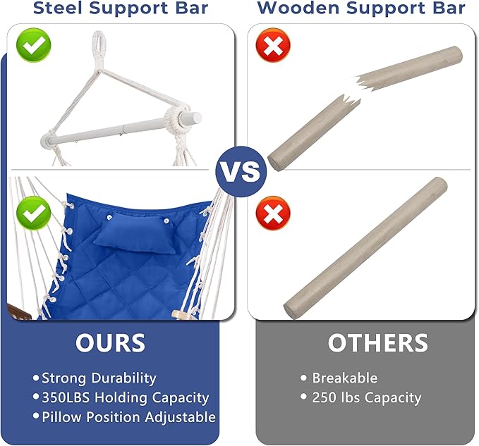 Hammock Chair Hanging Swing with Wooden ArmrestSteel Spreader BarPillowsHardware kit IncludedCotton WovenUp to 350 Lbsfor Indoor Outdoor Blue