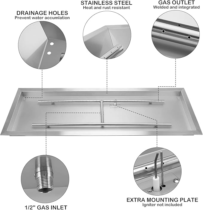 Stanbroil 30 x 10 Inch Rectangular Drop-in Fire Pit Pan with H-Burner Gas Firepit for Outside 304 Stainless Steel 125000 BTU Max