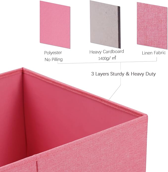 HOONEX Linen Foldable Storage Bins with Lids 2 Pack Storage Boxes with Carrying Handles and Sturdy Heavy Cardboard 16.5 L x 11.8 W x 7.5 H for Shoes Books Clothes Nursery Pink