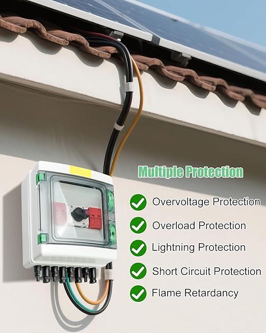 32 Amp 2 Strings Solar Disconnect Switch with DC1000V Lightning Surge Protector Arrester and IP65 Waterproof 2 in 2 Out Solar PV Combiner Breaker Box for Outdoor Solar Panel System