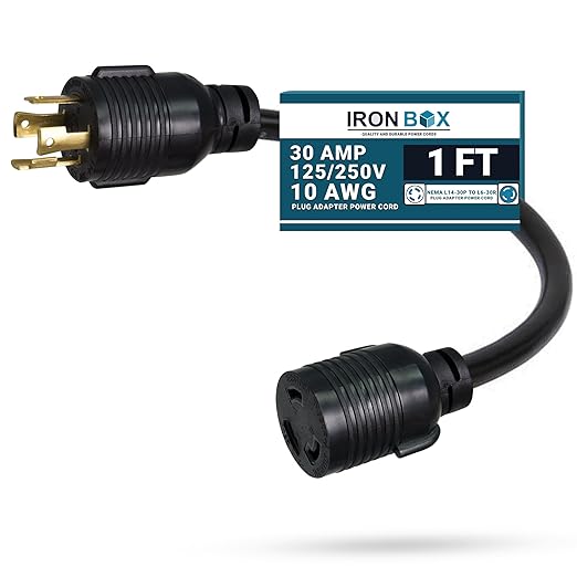 IronBox Electric NEMA L14-30P to L6-30R Plug Adapter Power Cord - 30A 10 AWG 125/250V - Heavy Duty UL Listed Power Cable for Generator Outdoor Data Centers Camper &amp More (1 ft Molded)