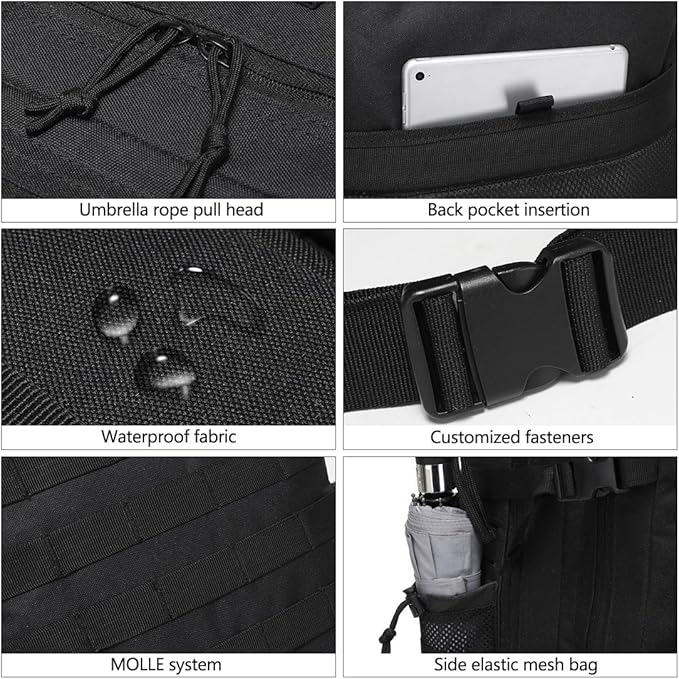 45L Military Tactical Backpack Large Army 3 Day Assault Pack Molle Bag Backpacks Hiking Fishing Rucksack (Black)