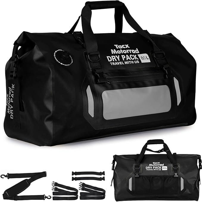 Waterproof Duffel Bag for Men/Women Roll-top Dry Backpack Duffel Bag with Quick-fixed Straps Motorcycle Tail Saddle Bag for Motorcycling Rafting Boating Kayaking Travel 80L-Black