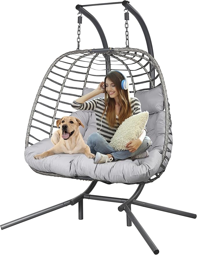 Double Hanging Egg Chair wth Stand Patio Hammock Swing Chair with Cushion Loveseat for Bedroom Balcony Garden Indoor Outdoor