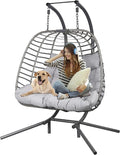 Double Hanging Egg Chair wth Stand Patio Hammock Swing Chair with Cushion Loveseat for Bedroom Balcony Garden Indoor Outdoor