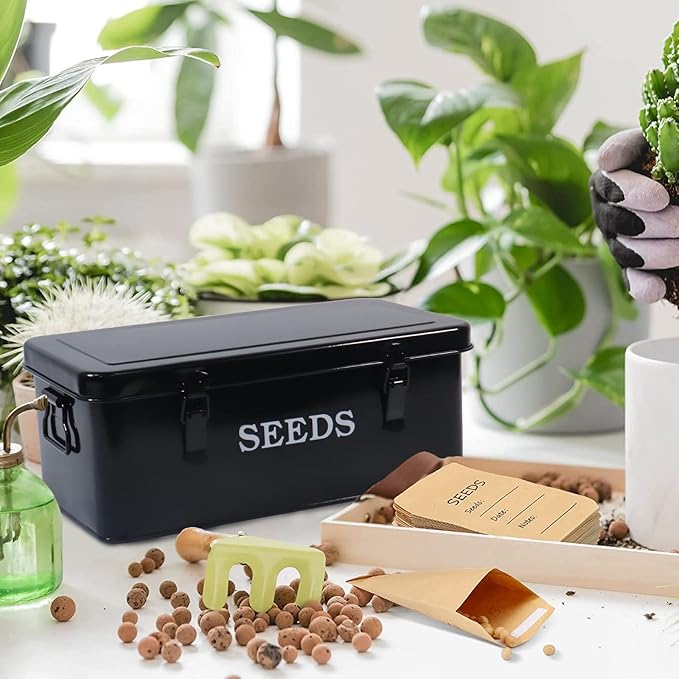 Seed Saving Box Metal Seed Bin Seed Storage Organizer Seed Packet Container with Lid Seed Envelope Storage Box 4 Compartments Garden Seed Bin with Safety Locks-Black