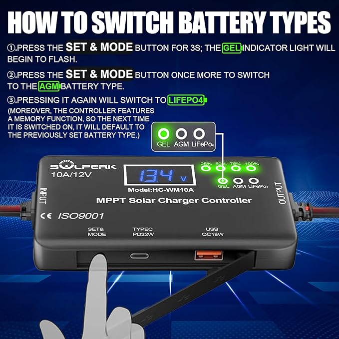 SOLPERK MPPT 10A 12V Solar Charge Controller with LCD Display Solar Panel Charge Controller with Type-C and USB Output for Solar Panel Regulator Gel AGM Lead-Acid Lithium LiFePO4 Battery