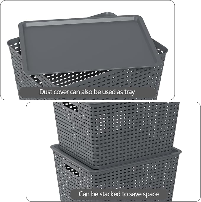 20 Quart Plastic Weave Storage Basket Bin with Lid Large Stackable Baskets 6 Packs