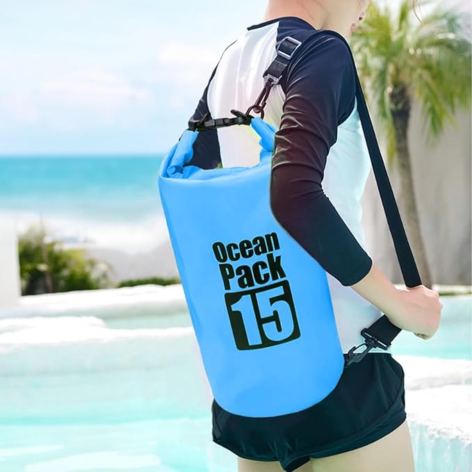 Waterproof Dry Bags for Beach 15L Roll Top Fishing Storage Water Sports Dry Sack for Kayakers Boaters Swimmers Fishermen Rafters Surfers Travelers Hikers Beach Trips Boating Swimming Kayaking