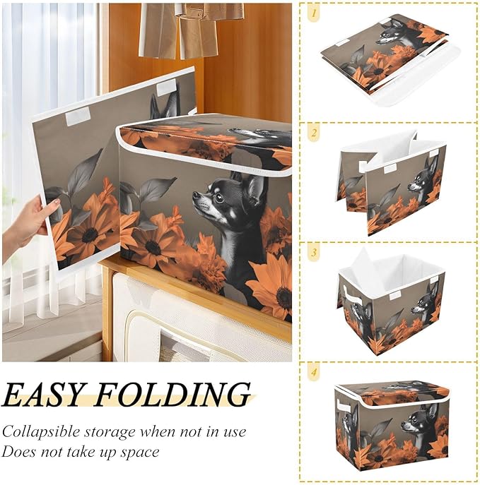 AIXIWAWA Lidded Storage Cube (Little Dog Flower) Fabric Foldable Closet Bins with Flip Lid and Handles Organizer Basket Container 16.5 x 12.6 x 11.8 IN