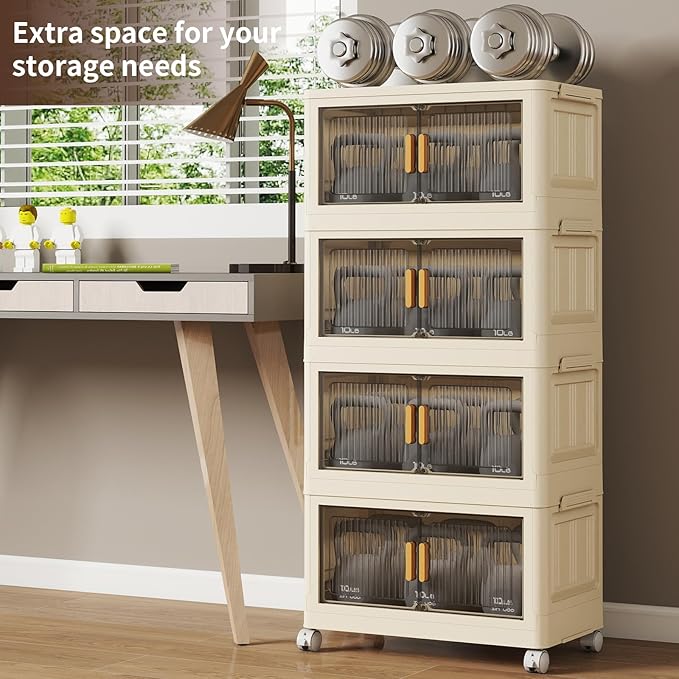 4 Tier Stackable Plastic Storage Bins with Lids 48QT Collapsible Closet Organizers and Storage with Wheels for Living RoomOfficeDorm