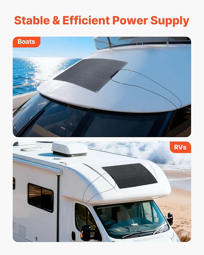 VEVOR Flexible Solar Panel 100W Semi-Flexible Bendable Monocrystalline Solar Panel 23% Efficiency Mono Off-Grid Charger with MC4 Output IP67 Waterproof for Marine RV Car Cabin Curved Surfaces