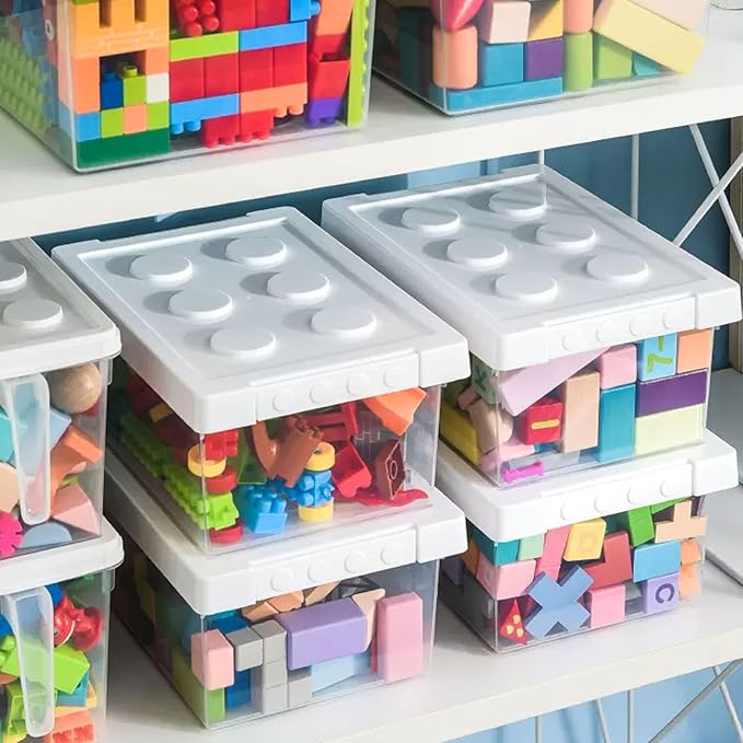 loobuu Plastic Storage Bins with Lids - Stackable Toy Storage Organizer Box Set of 2 Toy Chests with Compatible Building Baseplate and Lid Storage Container for Building Bricks &amp Toys- White