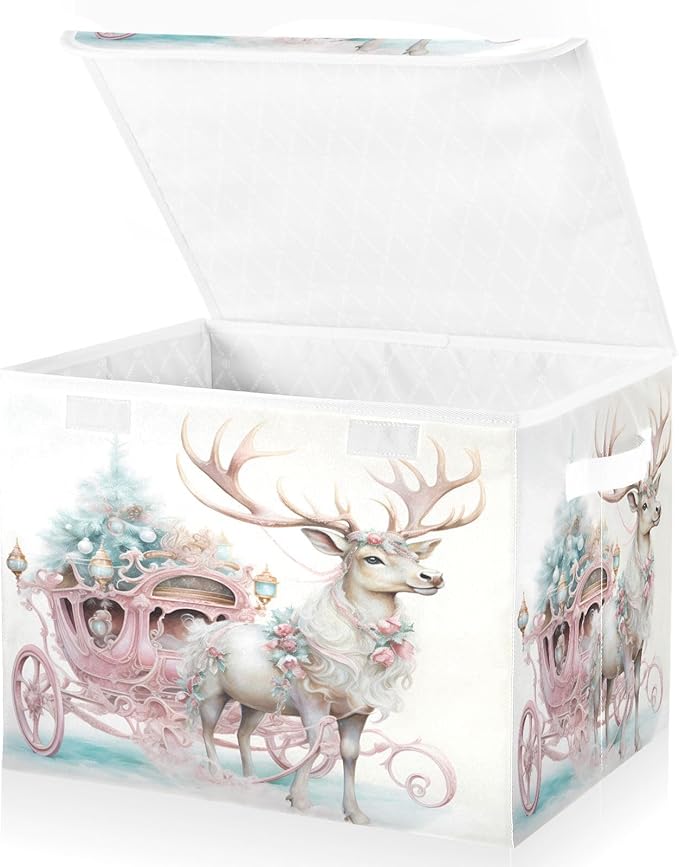 senya Christmas Baskets Collapsible Storage Bins with Lids Pink Christmas Elk Storage Boxes Clothes Baskets for Organizing