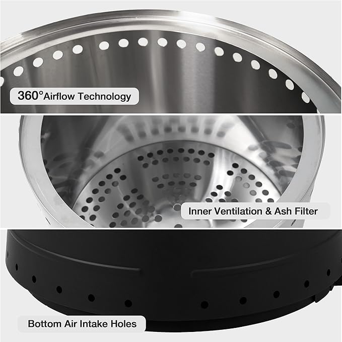 HOMREST 20” Smokeless Firepit with Removable Ash Pan 304 Stainless Steel Outdoor Fire Pit for Outside Wood Burning Portable Fire Pit for Patio Camping Backyard