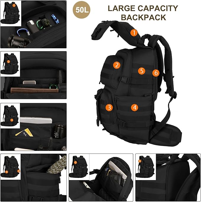 50L Military Tactical Backpack Molle Rucksack Large Army 3 Day Assault Pack Heavy Duty Backpack for Men (Black)
