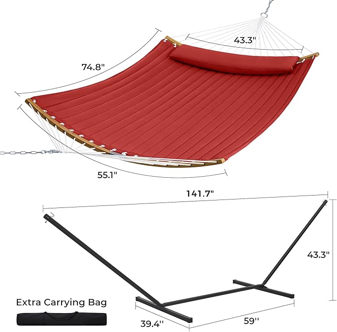 SUPERJARE Hammock with Stand 2 Person Heavy Duty Hammock with Padded Cotton Detachable Pillow &amp Strong Curved-Bar &amp Portable Carrying Bag Perfect for Outdoor &amp Indoor Red