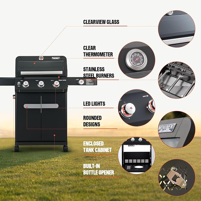 Monument Grills 3+1 Outdoor Barbecue Stainless Steel Propane Gas Grill 3 Burners &amp 1 Side Burner 48000 BTU Patio Garden Grill with Knob Controls Mesa325 Black