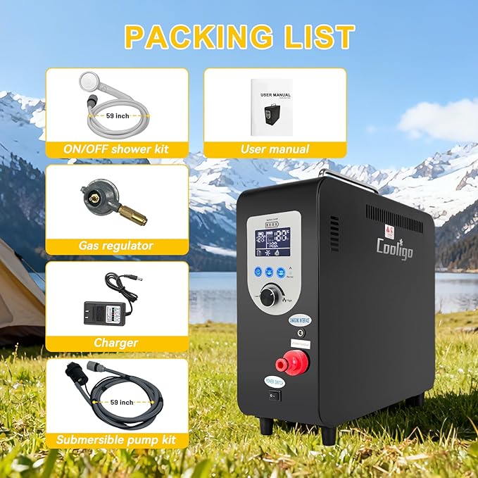 Portable Propane Water Heater for Camping Shower 40900 BTU 4500mAh Rechargeable Battery Tankless Water shower for Outdoor Shower with Pump Table Top Camp Water Heater for Camping and Vacationing