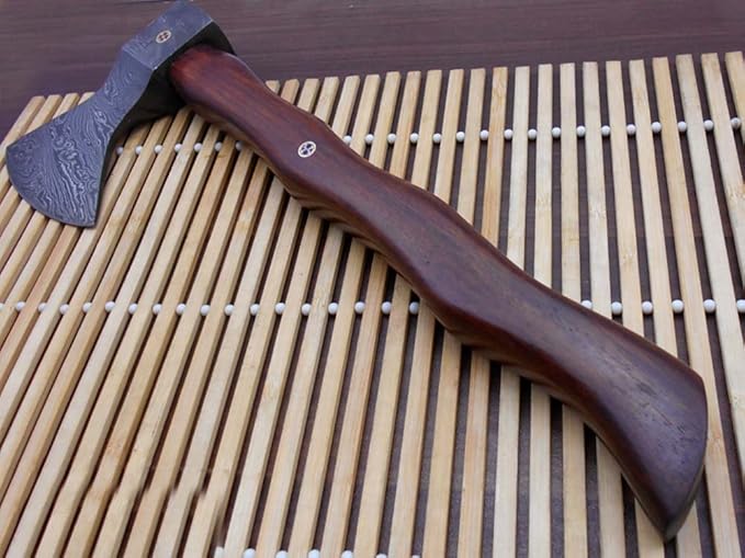 Damascus Steel Log Splitter Axe 14.5 Inches Long Hand Forged with Rose Wood Round Handle Bearded Hiking Battle Axe Thick Cow Hide Leather Sheath
