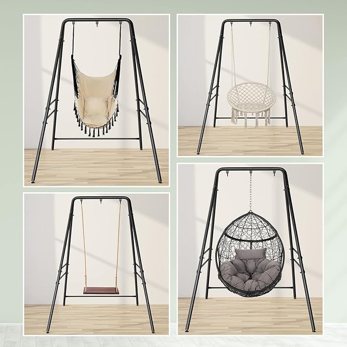Outdoor Hammock Chair StandA-Shaped Metal Swing Stand FrameWeather Resistant Hammock Swing StandHeavy Duty Hanging Chair Stand Onlywith Three Hooksfor Bedroom Garden Patio Porch (Black)