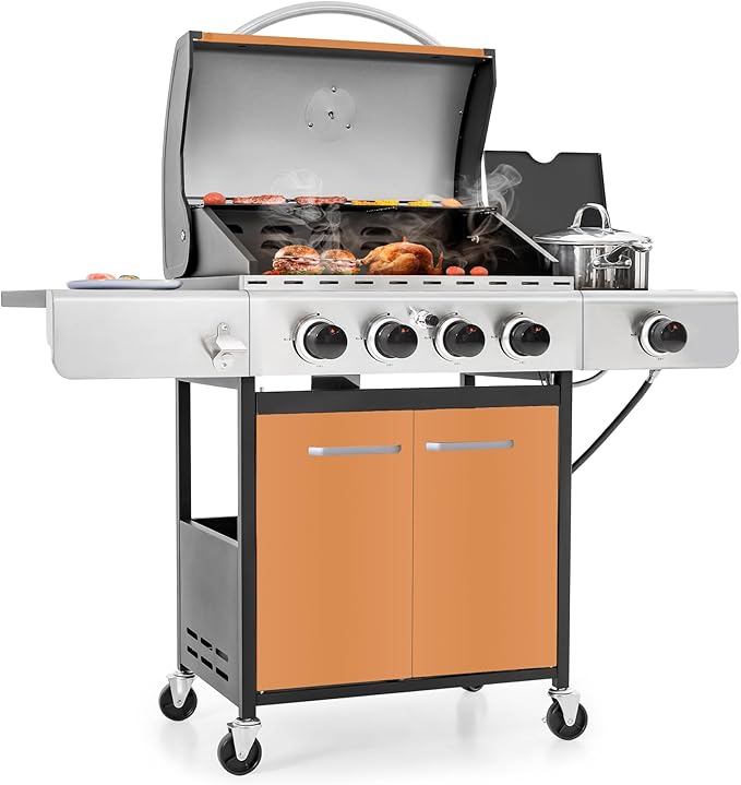 MFSTUDIO 4-Burner Propane Gas Grill Stainless Steel BBQ Grill with Side Burner and Porcelain-Enameled Cast Iron Grates High Output Gas BBQ Grills for Barbeque and Outdoor Cooking Gold