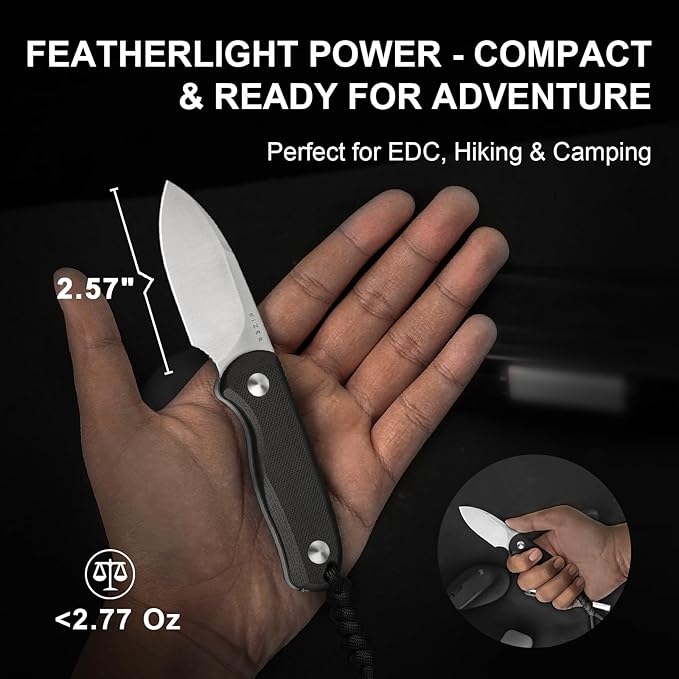 Kizer Drop Bear Fixed Blade Knife 2.57 D2 Satin Blade EDC Camping Knife with Black G10 Handle and Hidden Tools Outdoor Full Tang Hunting Survival Knives with Adjustable Kydex Sheath 1094M2