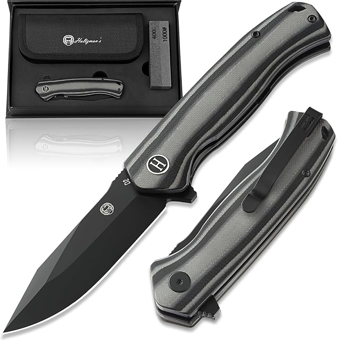Holtzman's Gorilla Survival Folding Pocket Knife with D2 Steel Blade and G10 Handle (Black + Black/Grey) - EDC Gift Set for Men and Women - Perfect for Everyday Carry