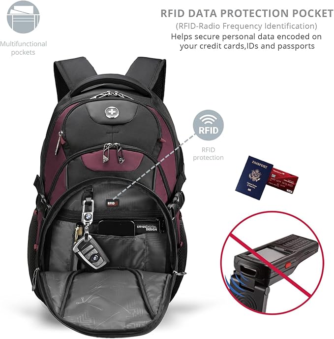 Swissdigital Design Laptop Backpack with USB Charging Port Travel Backpack Fits 15.6 inches Computer 31L College School Backpack for Women Angola red/Black | SD803-44